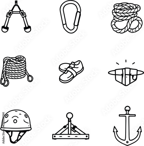 Climbing Gear Icon Set – 9 Black-and-White Symbols Featuring Harness, Carabiner, Rope, Shoes, Helmet, and Belay Device for Outdoor and Adventure Graphics