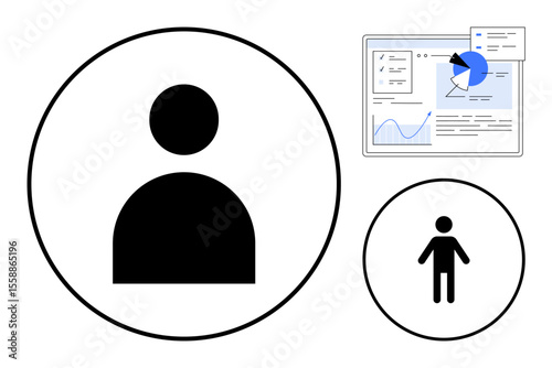 User figure icons in two circle sizes and a data analytics dashboard with graphs and charts. Ideal for user management, analytics, workflows, profiles, tasks, admin panel, simple landing page