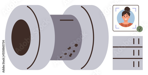 Biometric face scan with user profile, database structure, and scanning algorithm. Ideal for data security, technology, authentication, identity verification, privacy biometrics IT systems. Simple
