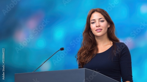 Elegant woman with long wavy brown hair speaking confidently at a grey podium with microphone, wearing dark long-sleeved top, soft bokeh background with blurred blue and circular lights.