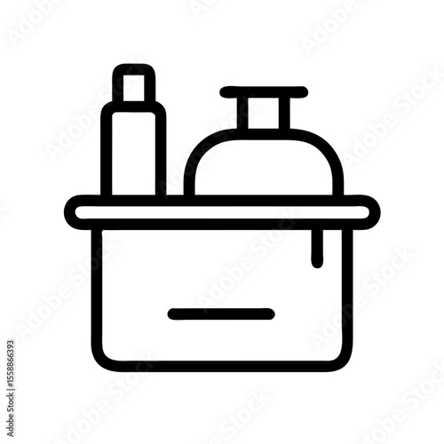 Cleaning caddy with bottles and containers in minimal line art style  