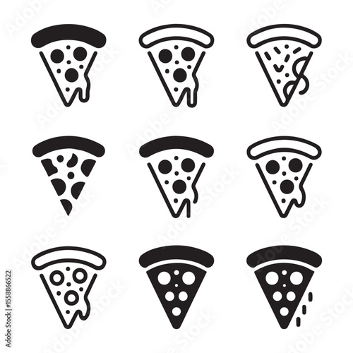 Nine Different Pizza Slice Icons in Monochrome
