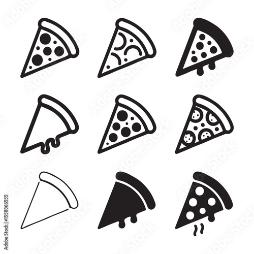 Nine Different Pizza Slice Icons in Monochrome
