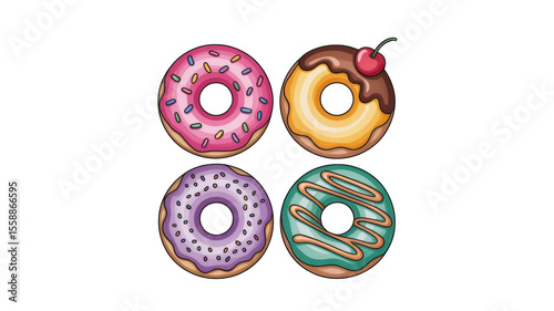 Four colorful donuts with different toppings and designs  