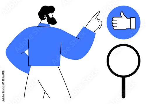 Bearded man pointing upward, blue thumbs-up sign and magnifying glass nearby. Ideal for research, approval, analysis, teamwork, feedback, leadership, motivation simple landing page