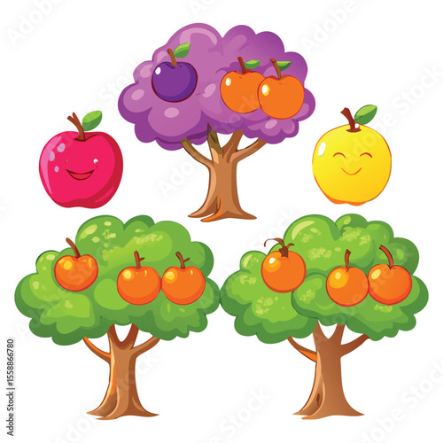 Cartoon apple trees with happy fruit characters for children's educational materials and design