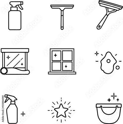 Window Cleaning Icon Set – 9 Black-and-White Symbols Featuring Spray Bottles, Squeegees, Sparkling Windows, and Cleaning Tools for Sanitation and Housekeeping Graphics