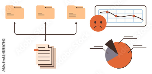 Three folders connect to documents, showcasing data organization. Graph lines and pie charts display analysis and unhappiness. Ideal for data management, workflow, analytics, organization