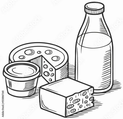Hand-drawn Dairy Products: Milk Bottle, Cheese & Spread