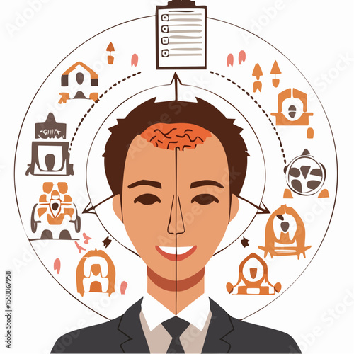 Cartoon illustration of a smiling businessman's face with a new money idea thought bubble