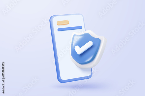 3D mobile phone with shield security icon for online shopping, online payment with protection. Application safety using a smartphone concept. 3d mobile phone safety vector icon render illustration