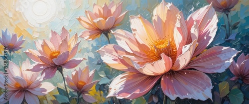 Sunlit impasto floral scene with thick