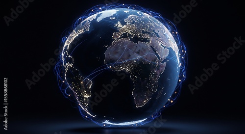 Global Network: Illuminated Earth with Dynamic Blue Connections