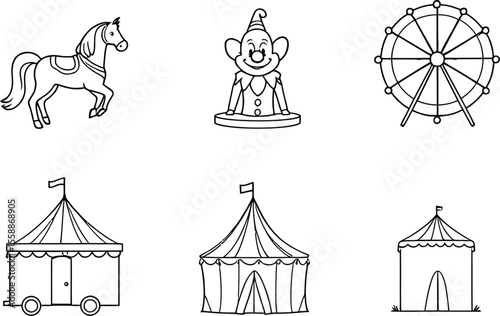 Circus Icon Set – 6 Black-and-White Line Illustrations Featuring Horse, Clown, Ferris Wheel, Circus Wagon, and Tents for Carnival and Entertainment Designs