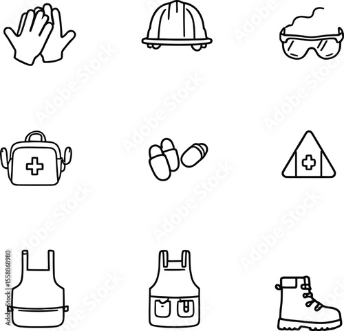 Safety and PPE Icon Set – 9 Black-and-White Symbols Featuring Gloves, Hard Hat, Goggles, First Aid Kit, and Work Boot for Workplace Safety and Health Graphics