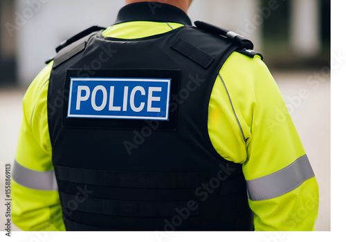 Police Officer in Black Tactical Vest with Neon Yellow Shirt Close-Up