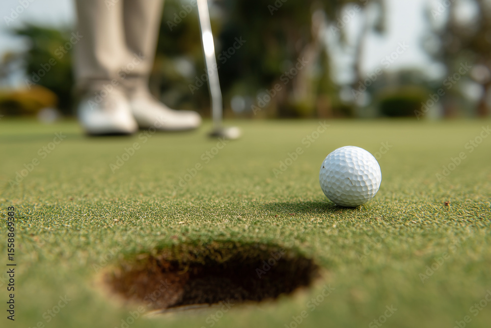 Obraz premium A man is playing golf and has just hit a ball into a hole