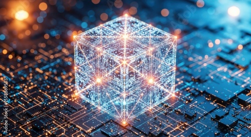 Abstract Digital Cube Formation on Futuristic Circuit Board with Blue and Orange Lights