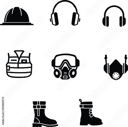 Personal Protective Equipment Icon Set – 7 Black-and-White Symbols Featuring Hard Hat, Ear Protection, Masks, Vest, and Safety Boots for Workplace Safety Graphics