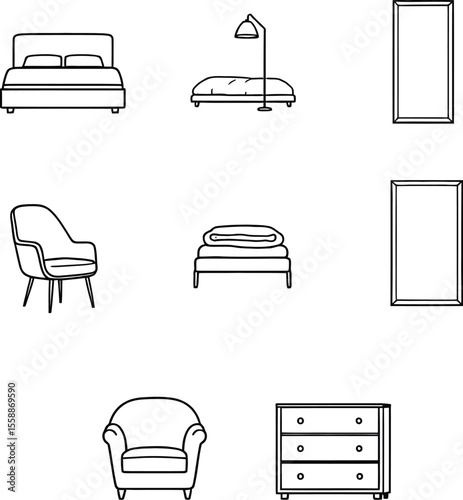 Furniture Icon Set – 8 Black Silhouettes Featuring Bed, Mirror, Chair, Lamp, Bench, and Dresser for Interior Design, Home Decor, and Lifestyle Graphics