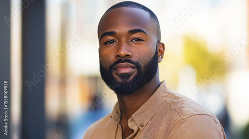 A man with a beard and mustache, wearing a brown shirt, standing outdoors with a blurred background.