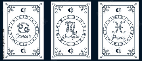Hand drawn set of zodiac cards with Cancer, Scorpio, and Pisces symbols in elegant line style. Represents astrology, mysticism, and water sign spirituality concept