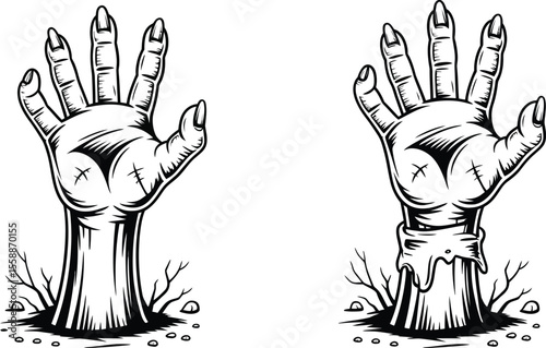 Monochrome Illustration Featuring Two Zombie Hands Emerging From the Ground Perfect for Halloween Designs Horror Themes or Spooky Graphic Elements with a Classic Bold and