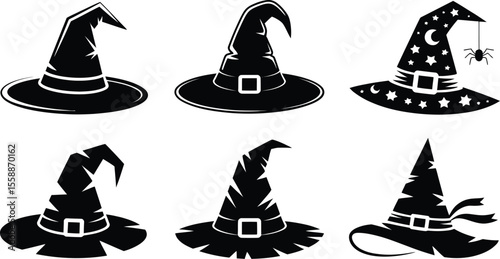 A Collection of Six Stylized Witch Hats in Black and White Featuring Various Designs Including Stars Moons Spiders Buckles and Unique Brim and Crown Shapes