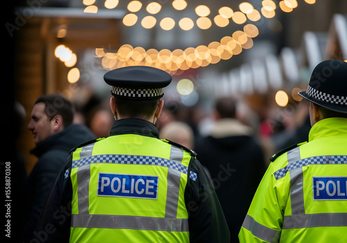 Two Police Officers in High-Visibility Vests Patrolling Busy Outdoor Market