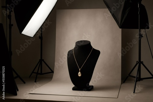 Jewelry photoshoot setup featuring golden necklace on black mannequin bust, illuminated by professional lighting equipment