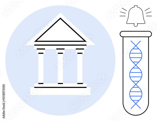 DNA double helix inside test tube next to classical government building icon and notification bell. Ideal for biotech regulation, science policy, ethics, research, innovation, law, biotechnology