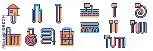 Colorful outlined icons representing various pipes and heating systems for design and engineering purposes in modern architecture