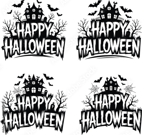 Collection of Happy Halloween vector designs featuring spooky houses bats trees and tombstones in a black and white graphic style perfect for holiday decorations and