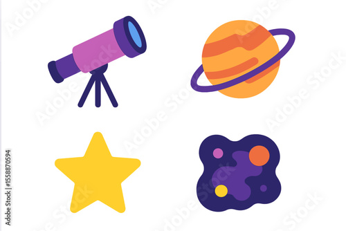 Colorful illustrations of celestial objects and a telescope showcase the beauty of the universe for educational purposes