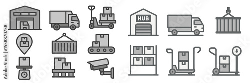 Warehouse logistics with delivery trucks, storage containers, and loading equipment presented in a monochrome style