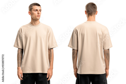 mockup of a beige oversized t-shirt with short sleeves, worn by a man from the back and front view isolated on a transparent background