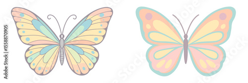 Colorful butterflies in pastel shades fluttering gracefully against a white background showcasing intricate patterns and delicate designs