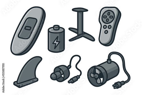 Collection of electronics components including remote control, battery, and various connectors displayed on a plain background