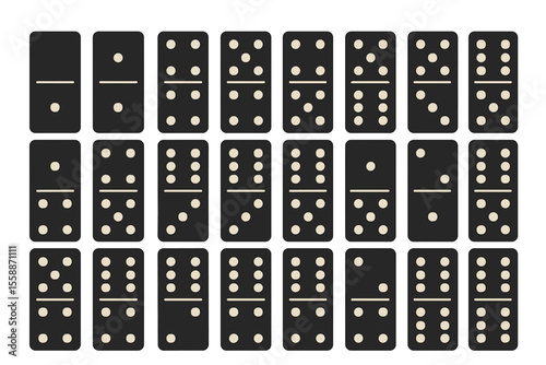 Collection of black dominoes arranged in rows displaying various numbered combinations suitable for game play