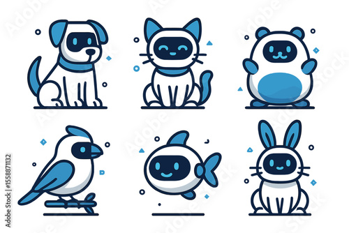 Cute cartoon animals illustrated in a playful style featuring a dog, cat, panda, bird, fish, and rabbit against a white background