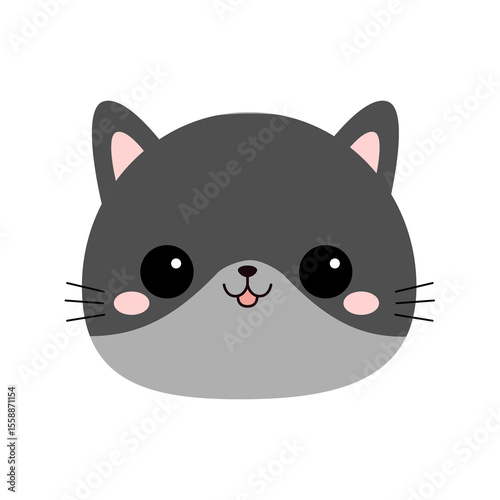 Cute gray cat face head round icon. Kawaii kitten, kitty. Cartoon funny baby character. Happy emotion. Sticker print. Flat design. White background. Isolated. Vector illustration