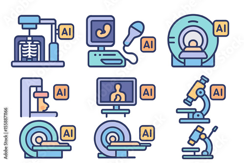 Innovative healthcare technology illustrations showcasing artificial intelligence applications in medical diagnostics and imaging