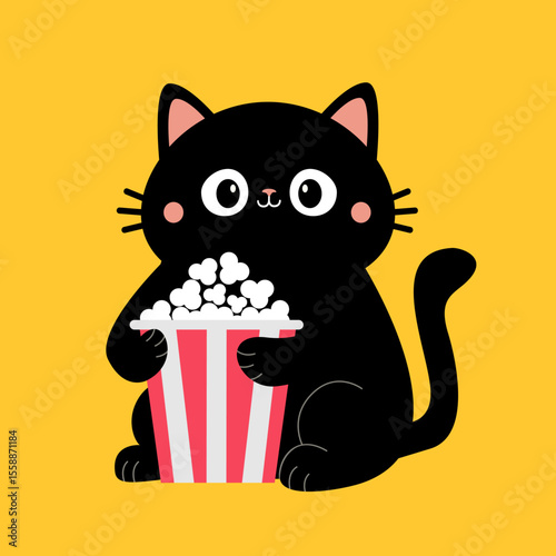 Black cat kitten holding big popcorn box. Cute cartoon funny character. Cinema theater. Pop corn food. Kitten sitting watching movie. Film show. Childish style. Flat design. Yellow background. Vector