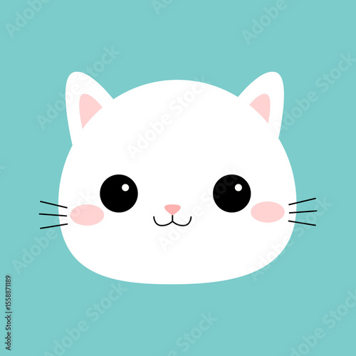 White cat face head round icon. Cute kitten, kitty. Cartoon kawaii funny baby character. Sticker print. Flat design. Blue background. Isolated. Vector illustration