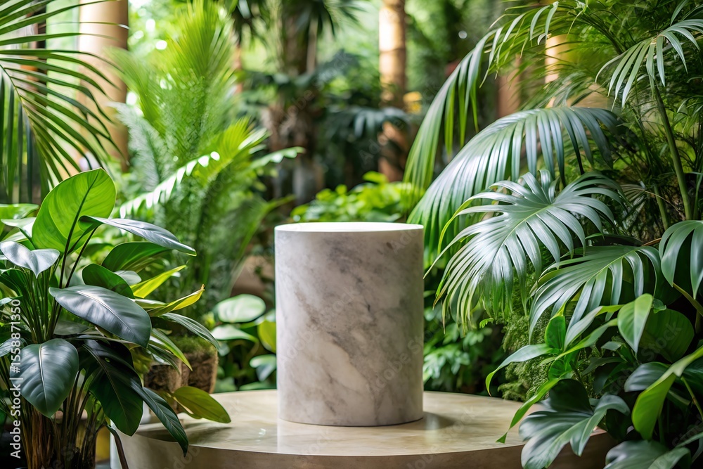 Obraz premium Marble pedestal display surrounded by lush green tropical plants