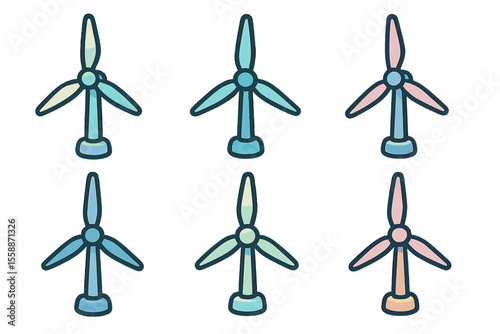 Colorful wind turbines create a vibrant landscape with renewable energy focus and environmental awareness