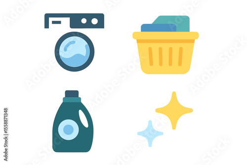 Engaging laundry icons representing washing machine, detergent, and basket for household chores and cleaning tasks