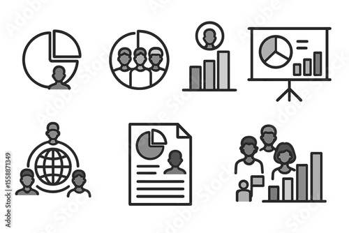 Visual representation of data analysis featuring charts, groups, and reports in a professional setting