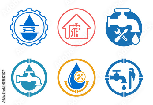 Water supply service icons set design. Plumbing repair service sign symbol