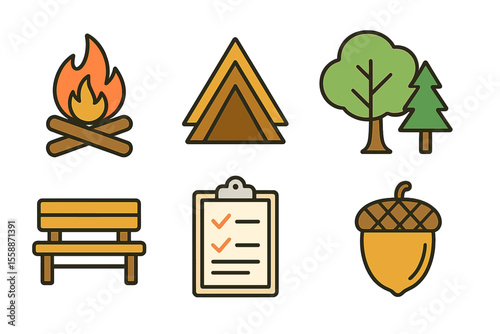 Outdoor camping elements featuring fire, tents, trees, and checklist in a natural setting